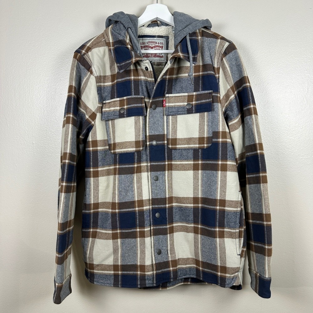 Levi's Men's S Hooded Shirt Jacket Dark Brown Plaid Sherpa Lined Y2K NEW